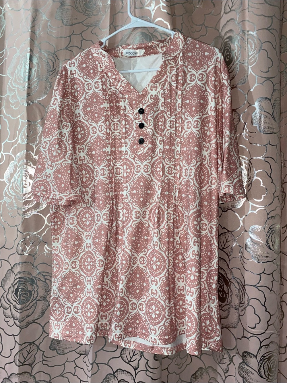 HOCOSIT Pink & White Geometric Medallion Print Pleated V-Neck Blouse Tunic XL